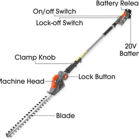 20V Cordless Pole Hedge Trimmer – 2.4M Long Reach, 45cm Blade, 2 Batteries