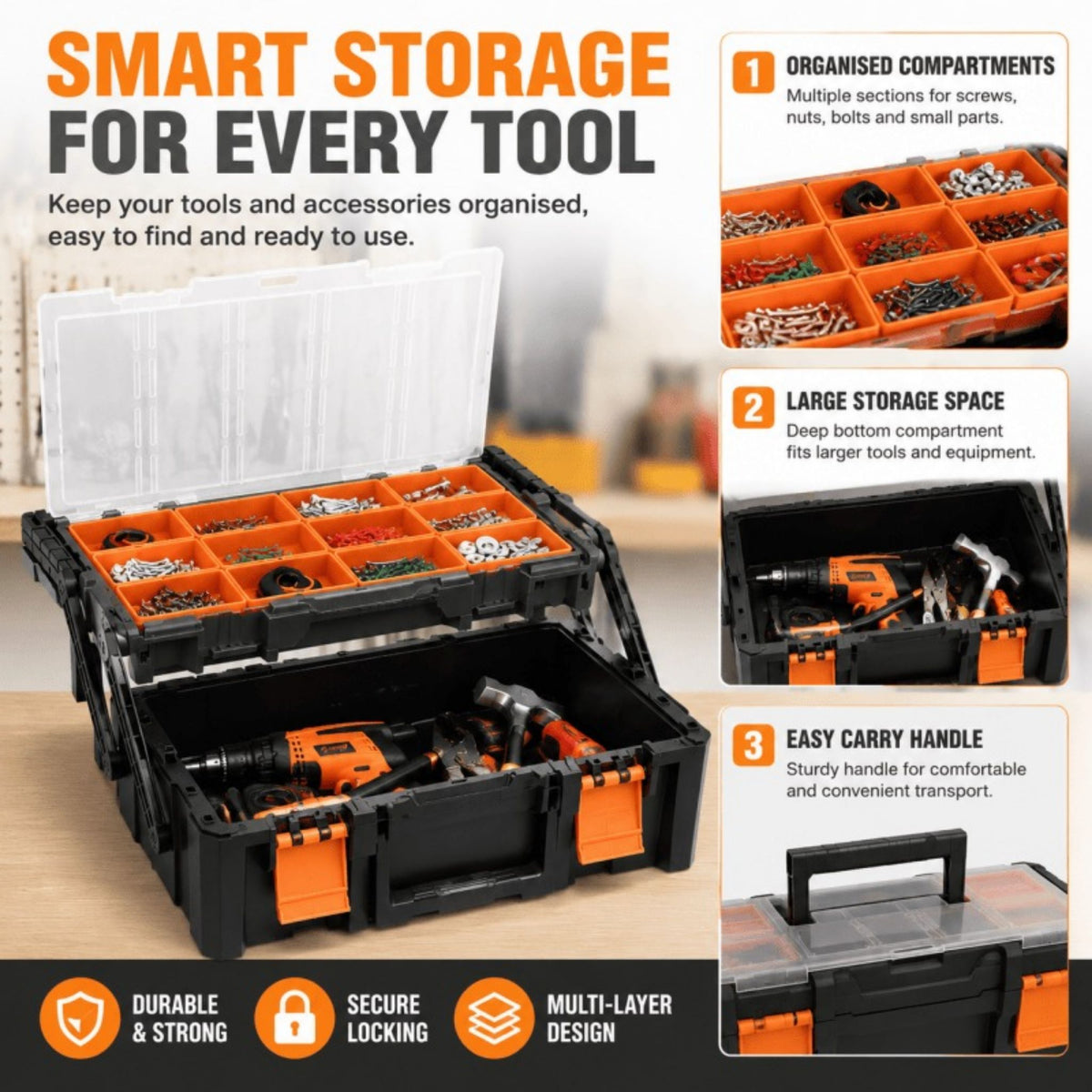 Cantilever Tool Box – Organiser Parts Compartments 45 x 23.5cm