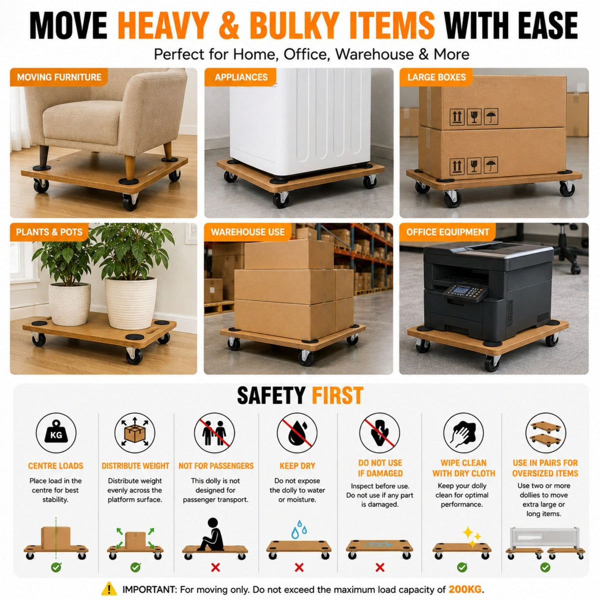 Heavy Duty Dolly Trolley Platform 200KG Wheeled Wooden Board Transporter