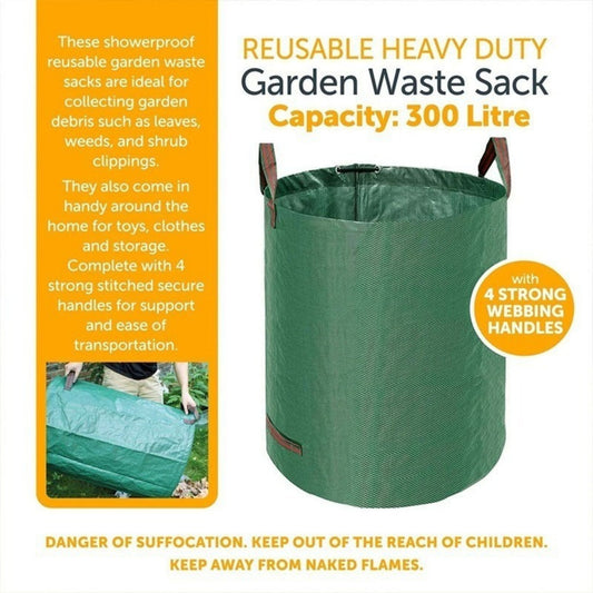 300L Heavy Duty Reusable Garden Waste Bag with Zipper & Handles Foldable