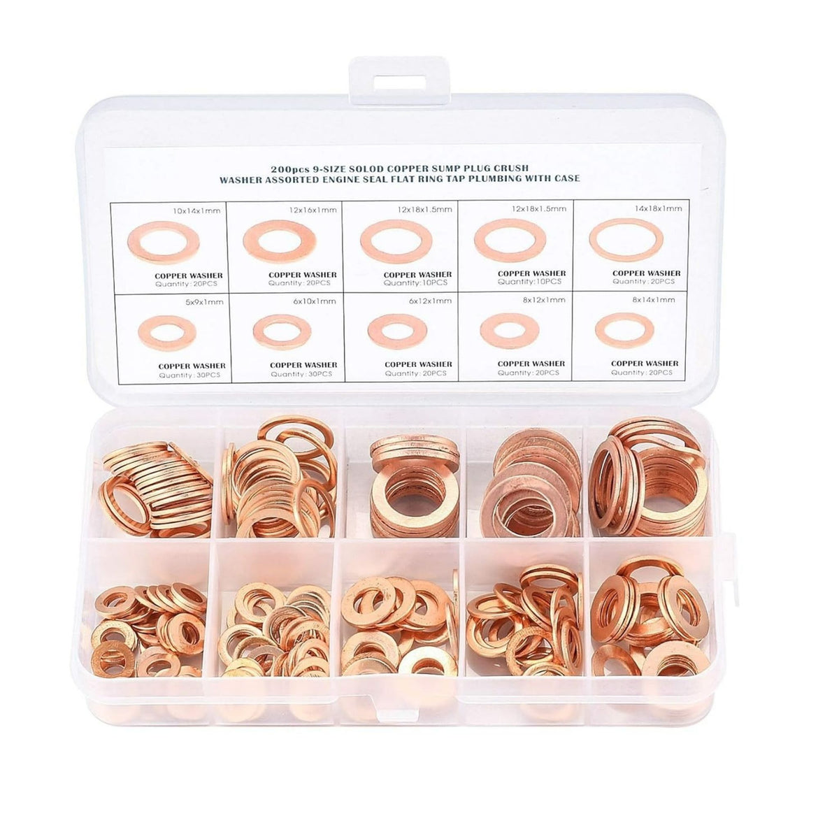 200pcs Copper Washers Assorted, Flat Washers Kit, 9 Sizes Sealing Ring