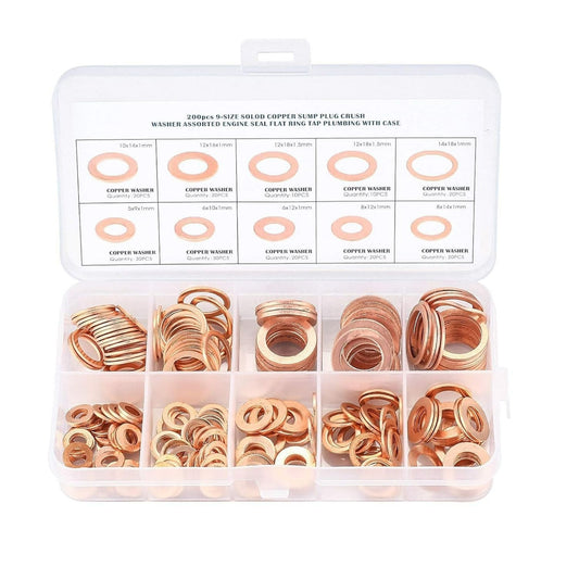 200pcs Copper Washers Assorted, Flat Washers Kit, 9 Sizes Sealing Ring