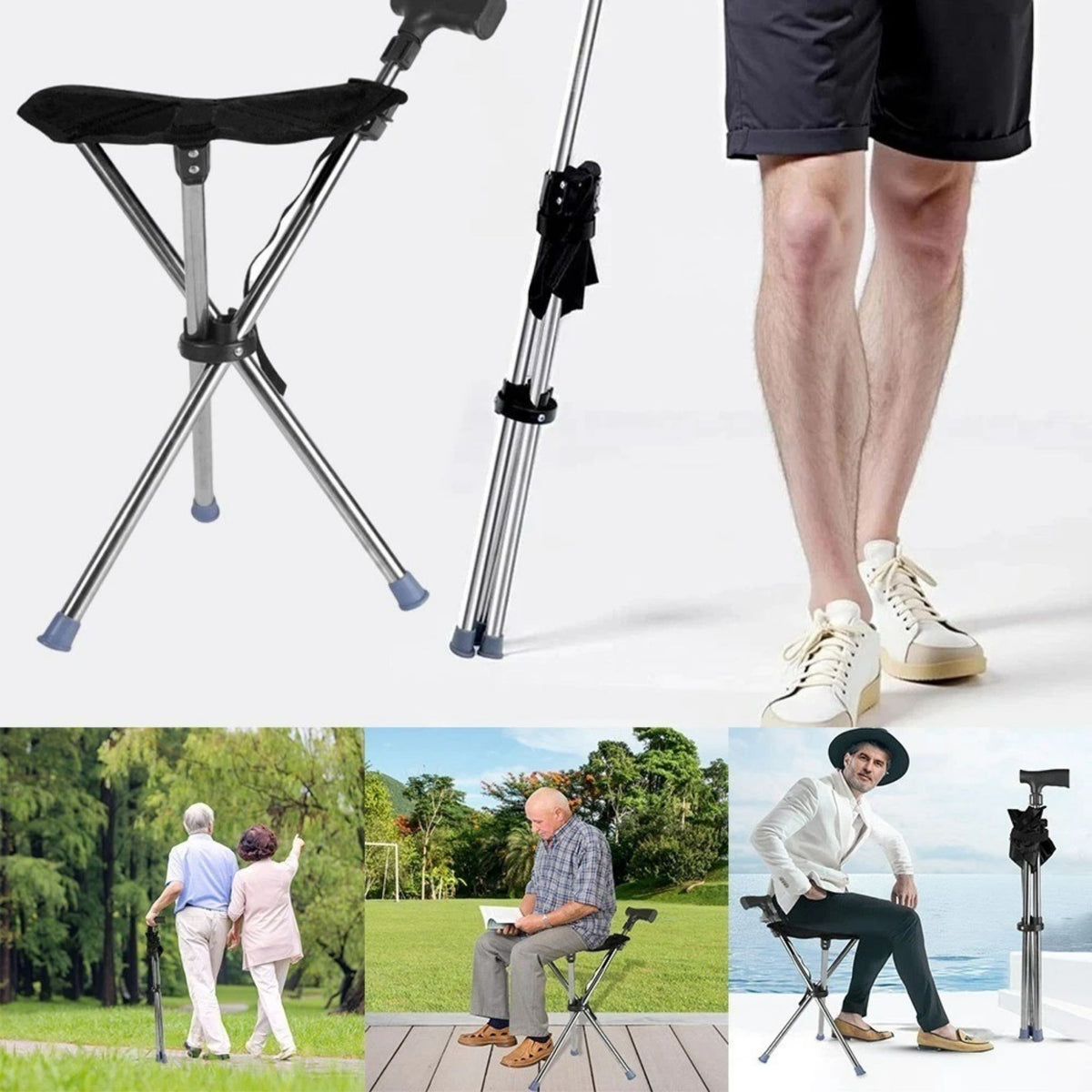 Walking Stick Seat Folding Adjustable Aluminium Cane Chair Stool for Support