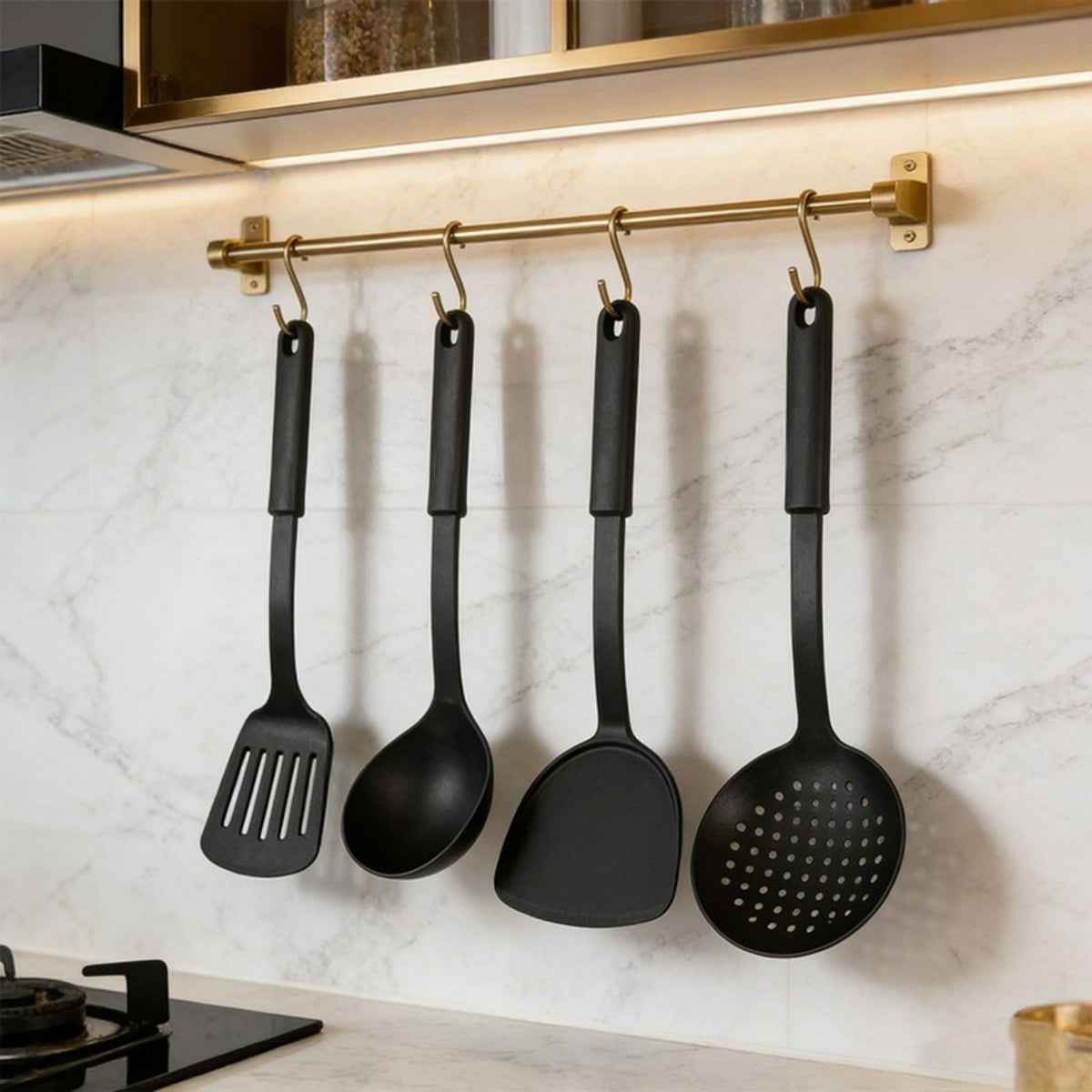 Kitchen Utensil Set 6pc Black Plastic 30cm Cooking Tools for Non-Stick Pans