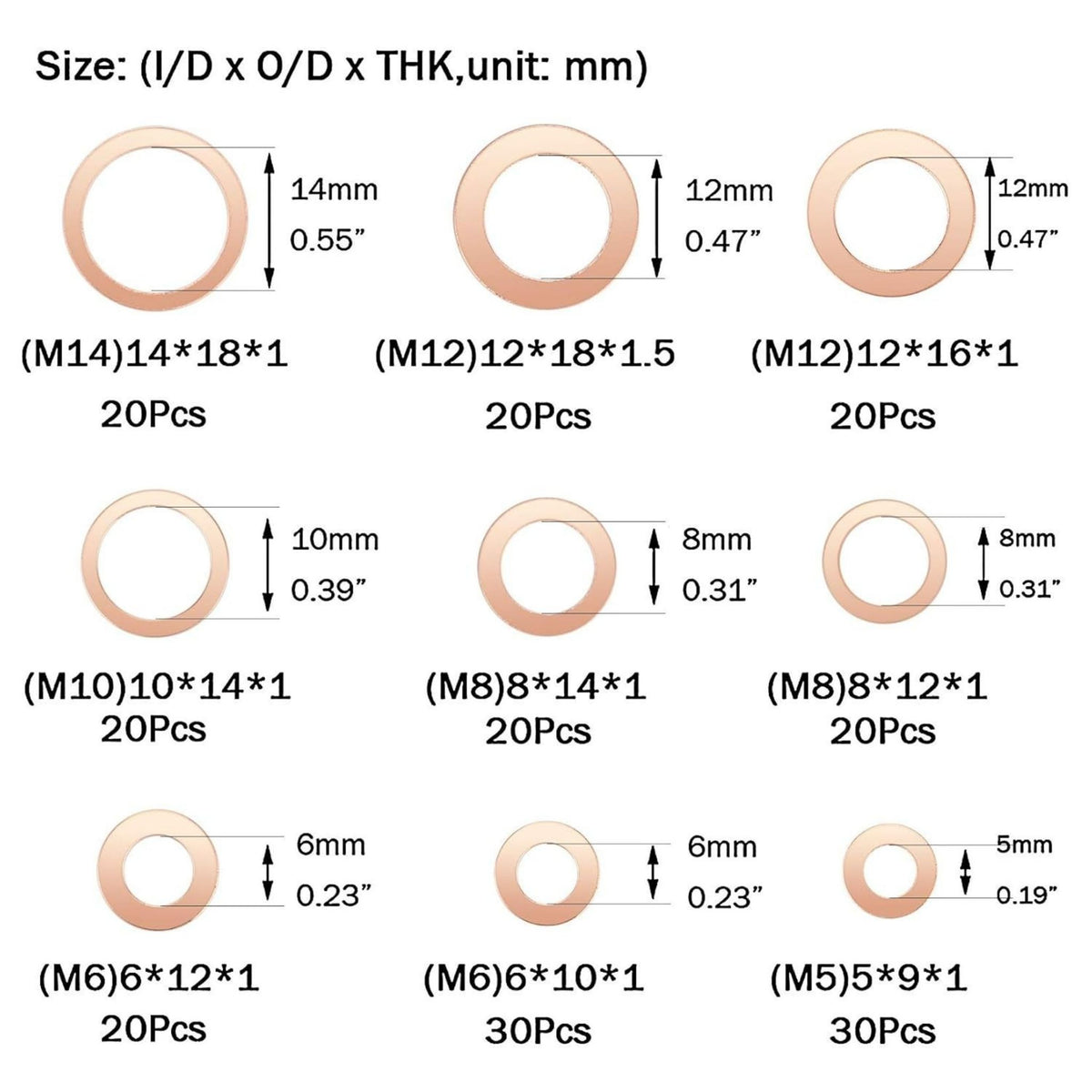 200pcs Copper Washers Assorted, Flat Washers Kit, 9 Sizes Sealing Ring