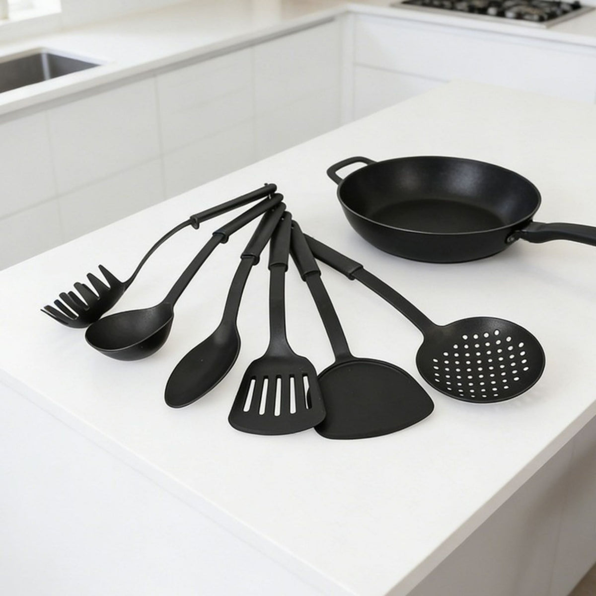 Kitchen Utensil Set 6pc Black Plastic 30cm Cooking Tools for Non-Stick Pans