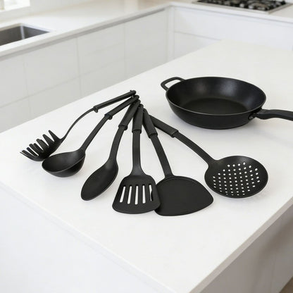 Kitchen Utensil Set 6pc Black Plastic 30cm Cooking Tools for Non-Stick Pans