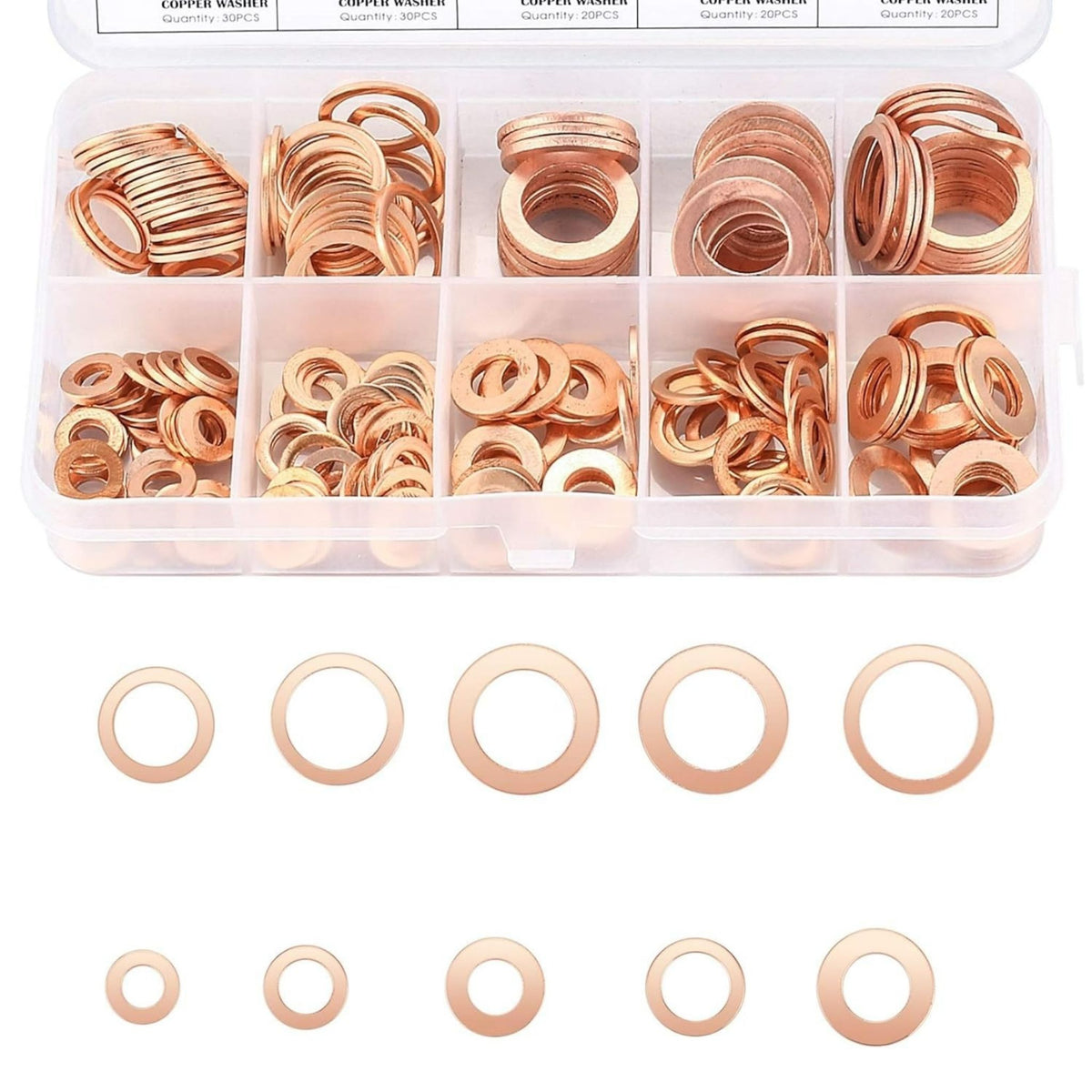 200pcs Copper Washers Assorted, Flat Washers Kit, 9 Sizes Sealing Ring