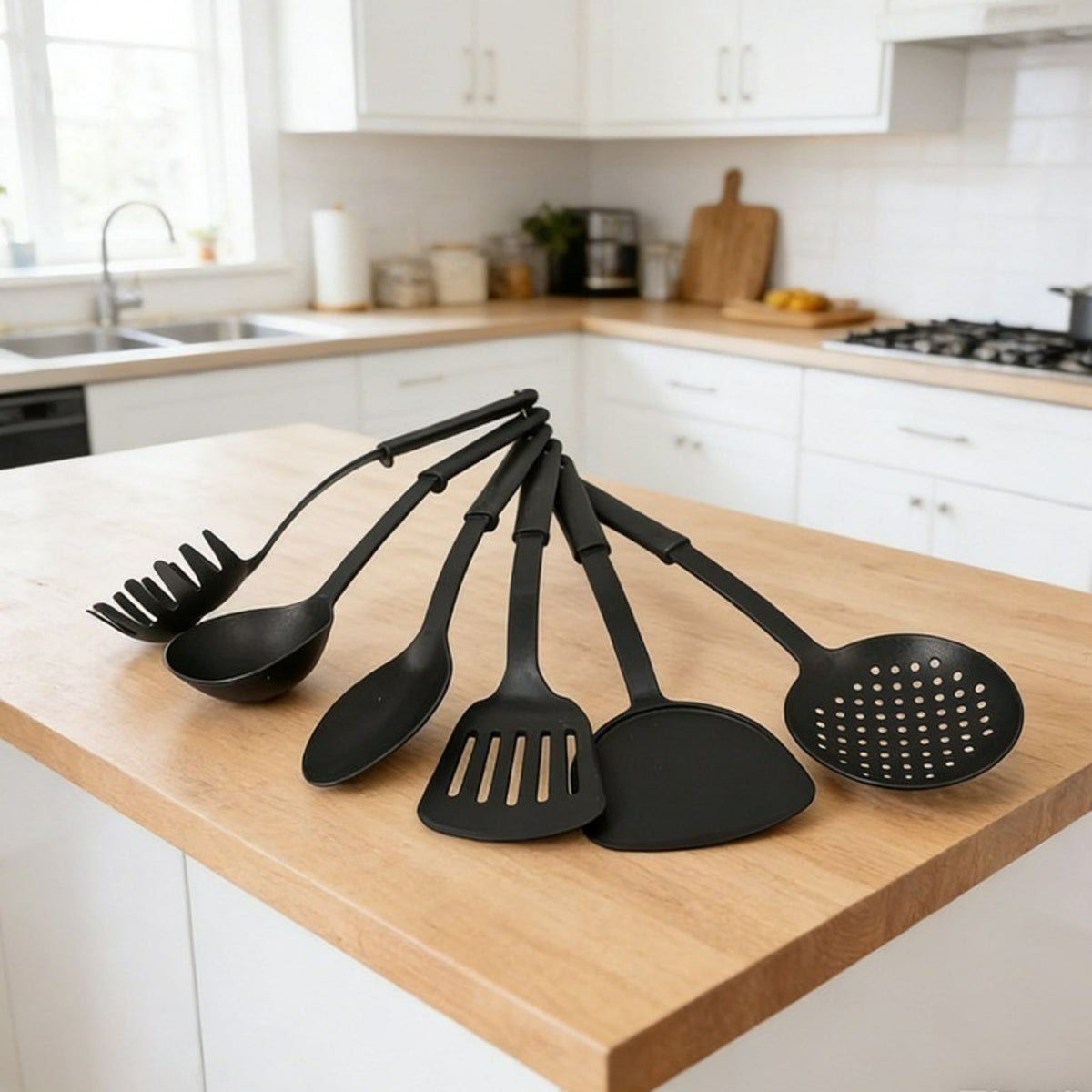 Kitchen Utensil Set 6pc Black Plastic 30cm Cooking Tools for Non-Stick Pans