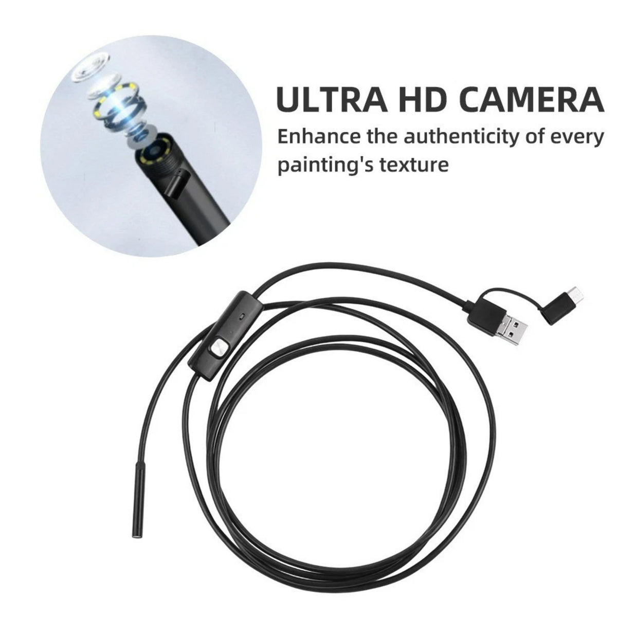 2m Endoscope Camera for Android 3-in-1 Waterproof Borescope Snake 6 LED Lights