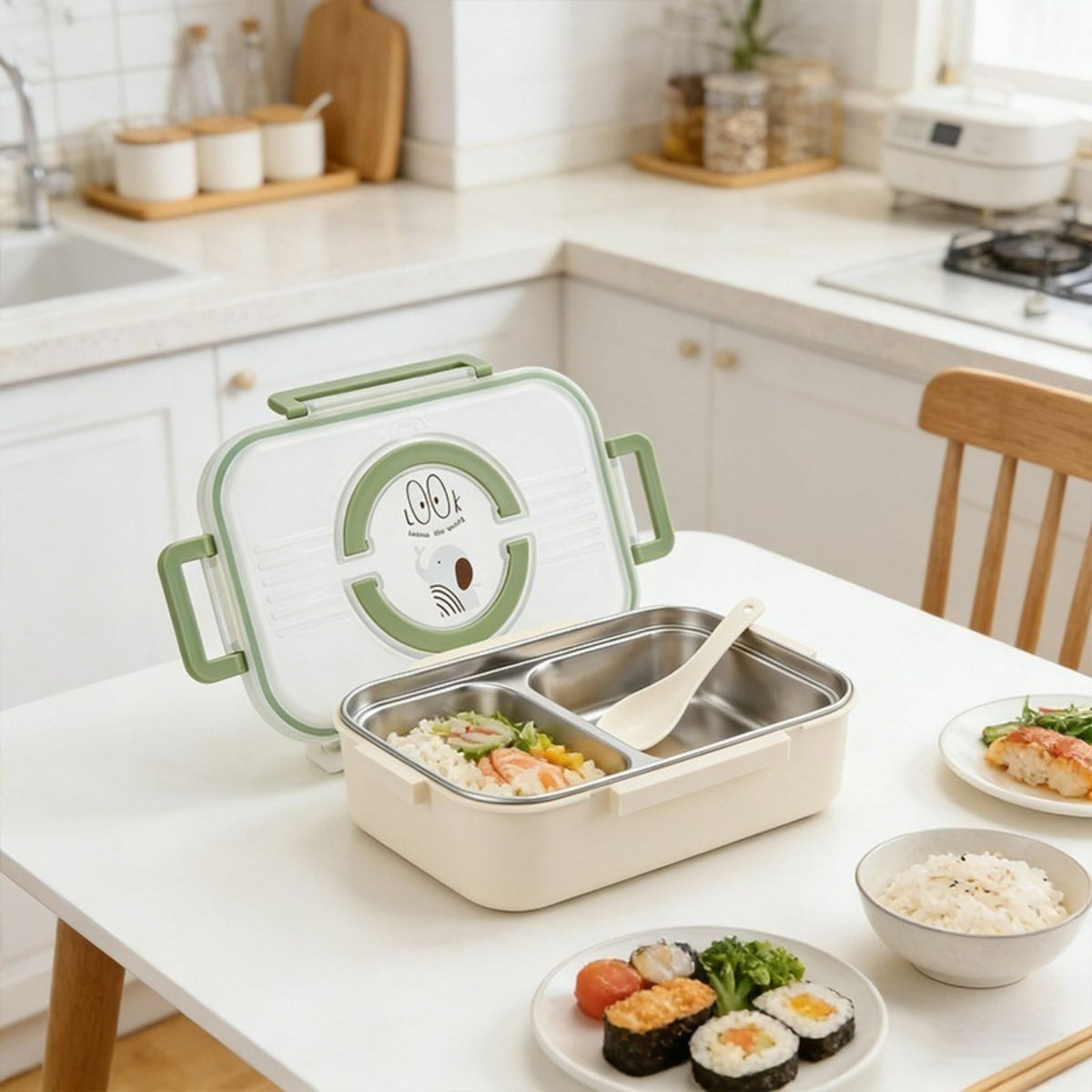 Insulated Lunch Box 2-Section Stainless Steel Bento Box with Spoon