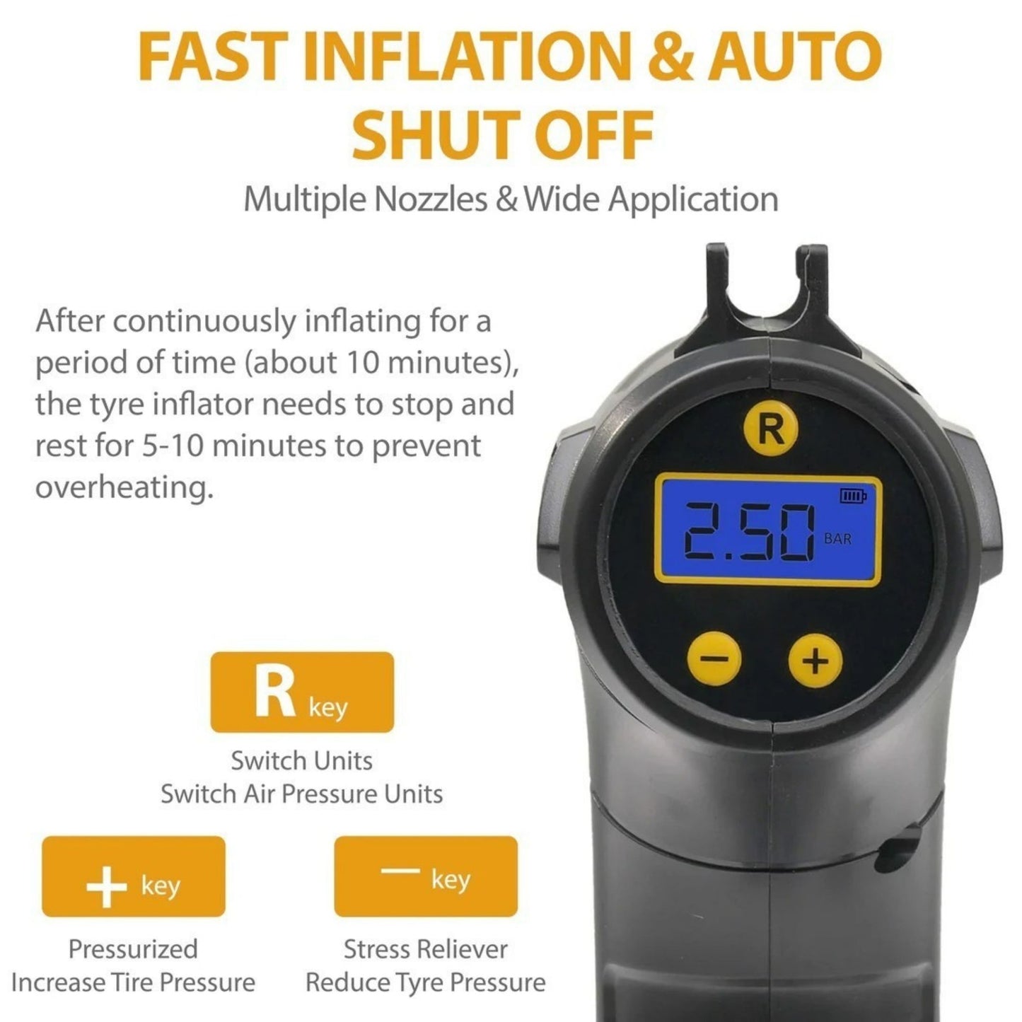 Cordless Tyre Inflator 150PSI Digital Air Compressor Auto Shut-Off Car