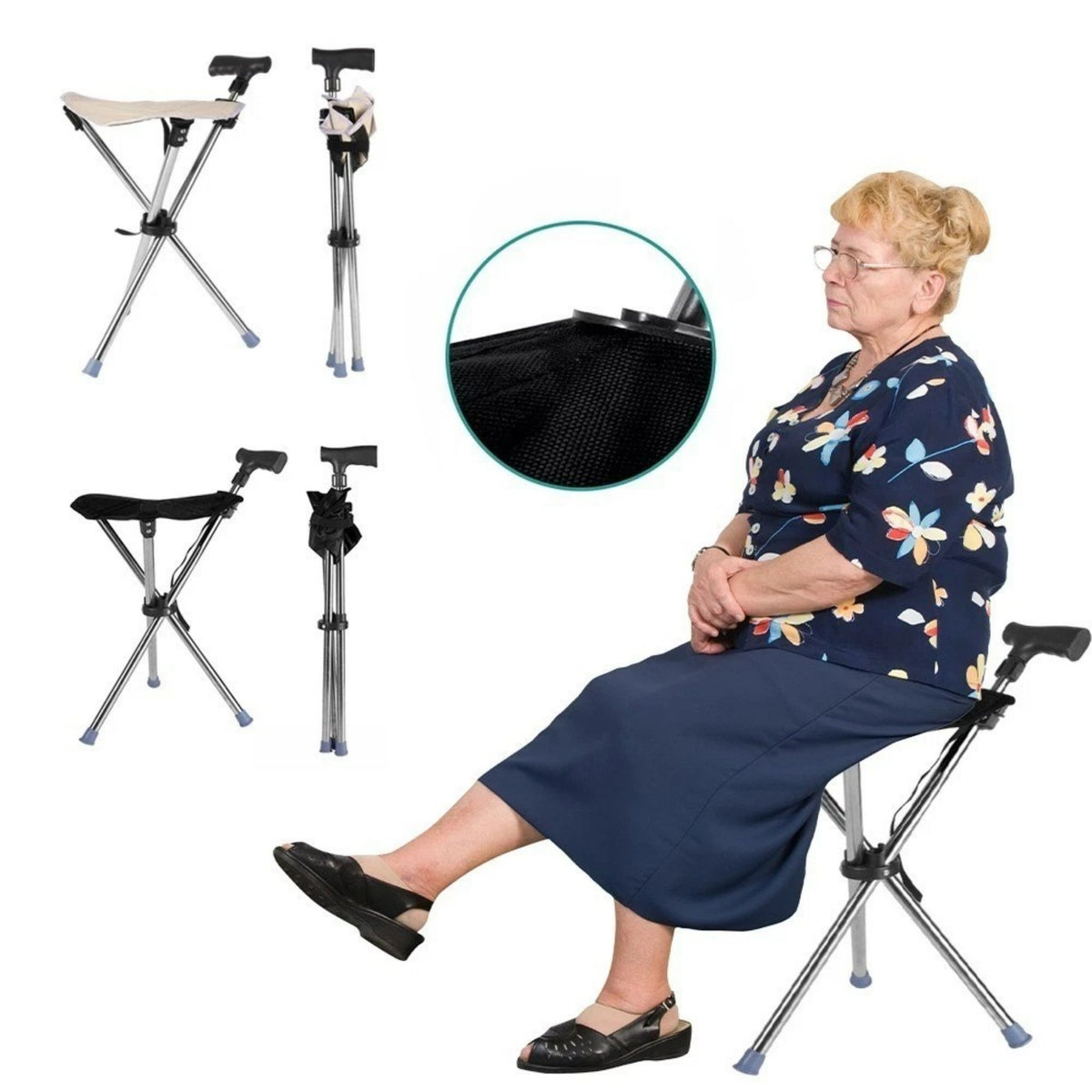 Walking Stick Seat Folding Adjustable Aluminium Cane Chair Stool for Support