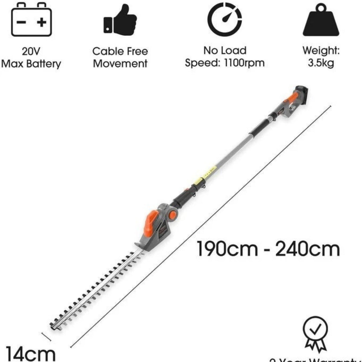 20V Cordless Pole Hedge Trimmer – 2.4M Long Reach, 45cm Blade, 2 Batteries