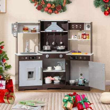 Wooden Play Kitchen for Kids Realistic Sounds Lights Utensils Included
