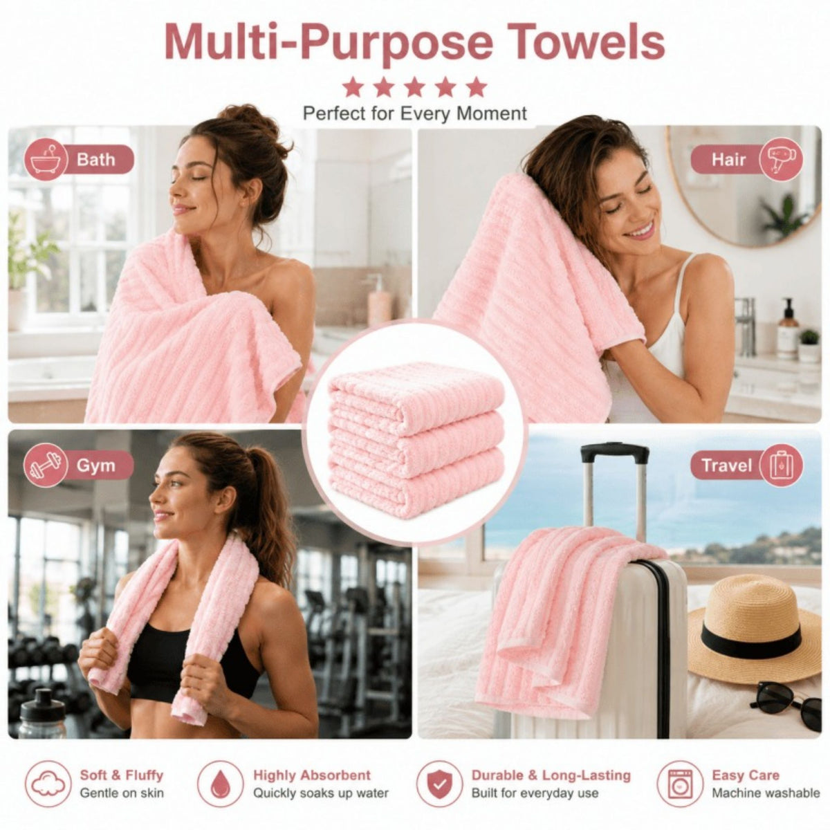 4PCS Fleece Bath Towels 70 x 135cm Soft Absorbent Quick Dry Pink or White