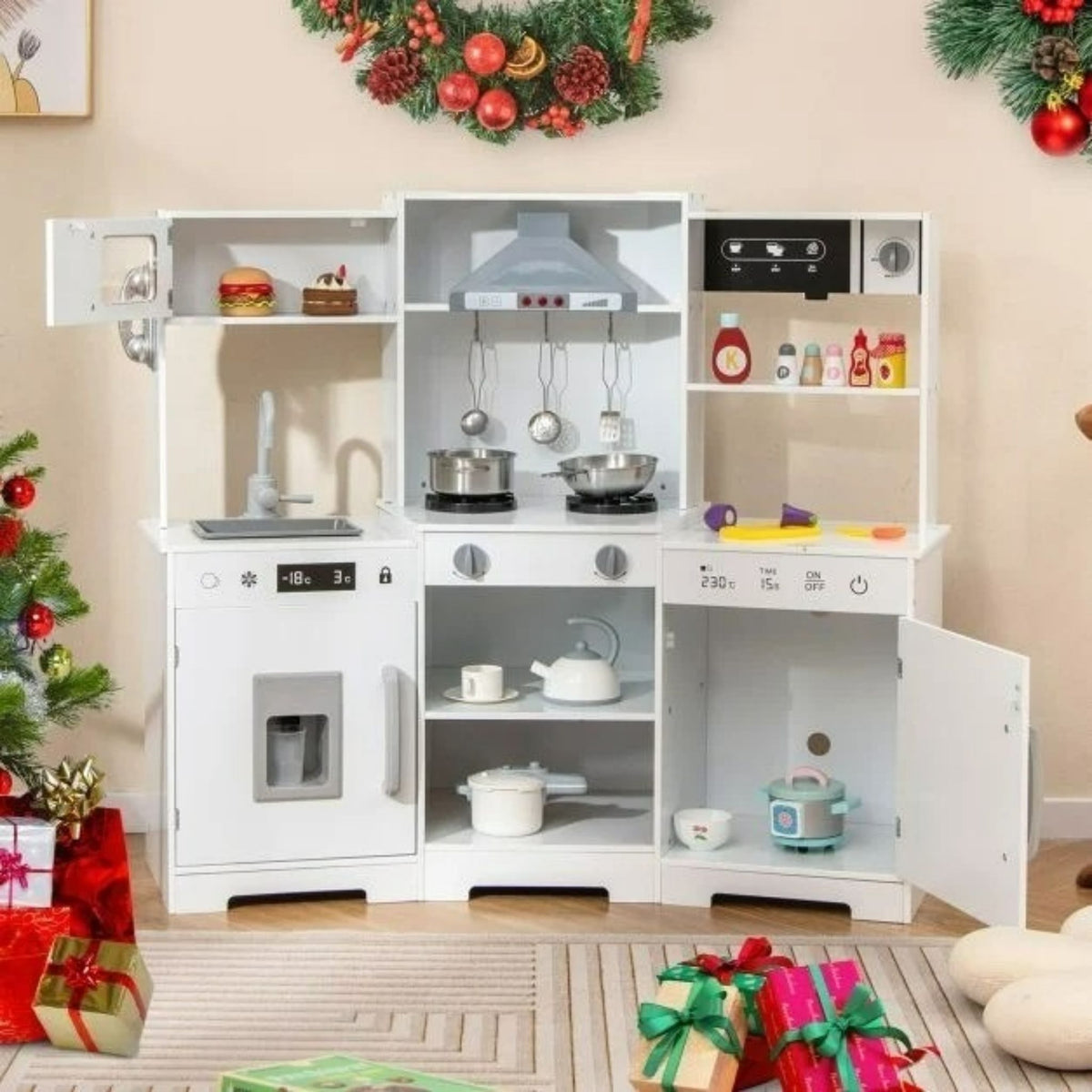 Wooden Play Kitchen for Kids Realistic Sounds Lights Utensils Included
