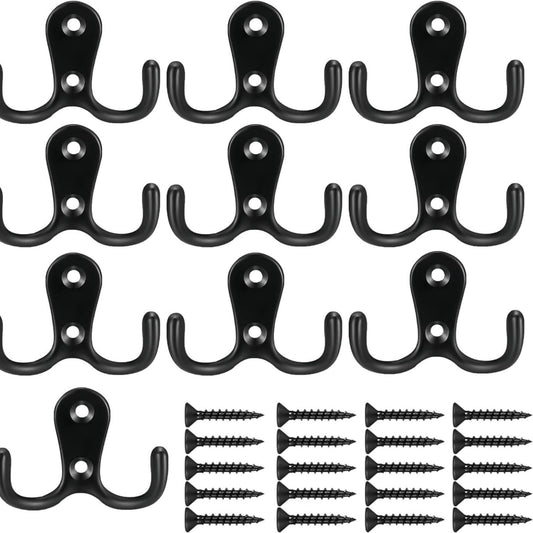 10 Pack Black Matte Double Coat Hooks Wall Door Zinc Alloy Robe Hanger