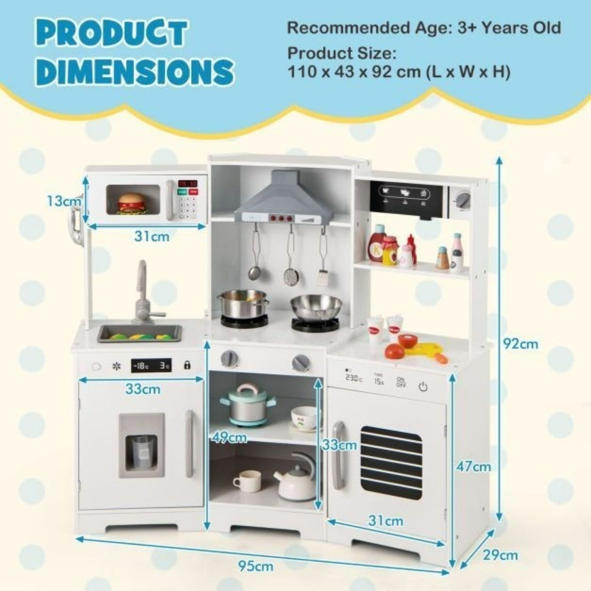 Wooden Play Kitchen for Kids Realistic Sounds Lights Utensils Included