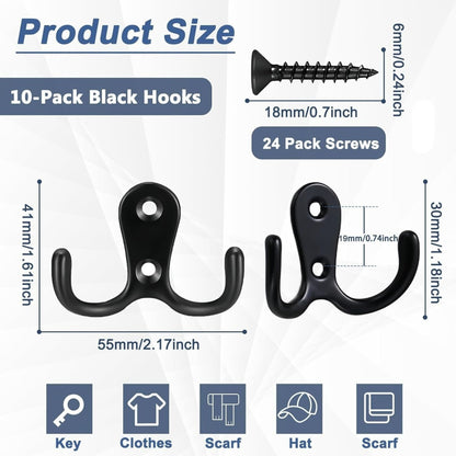 10 Pack Black Matte Double Coat Hooks Wall Door Zinc Alloy Robe Hanger
