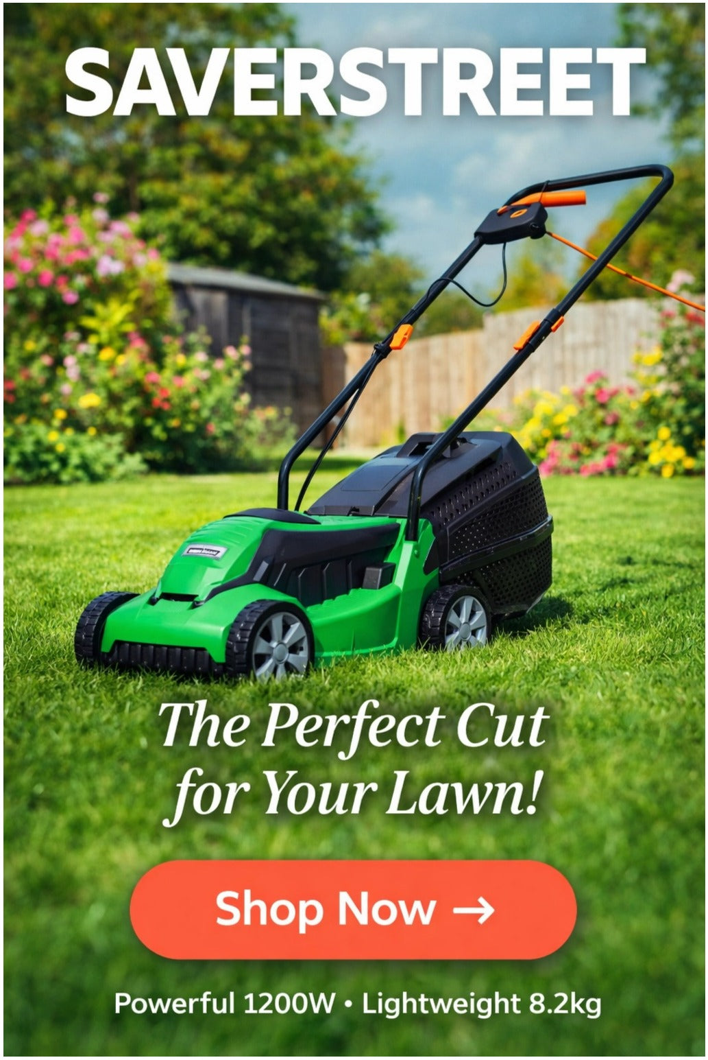 Electric Lawnmower 1200W 32cm Cutting Width 30L Grass Box 3 Height Settings