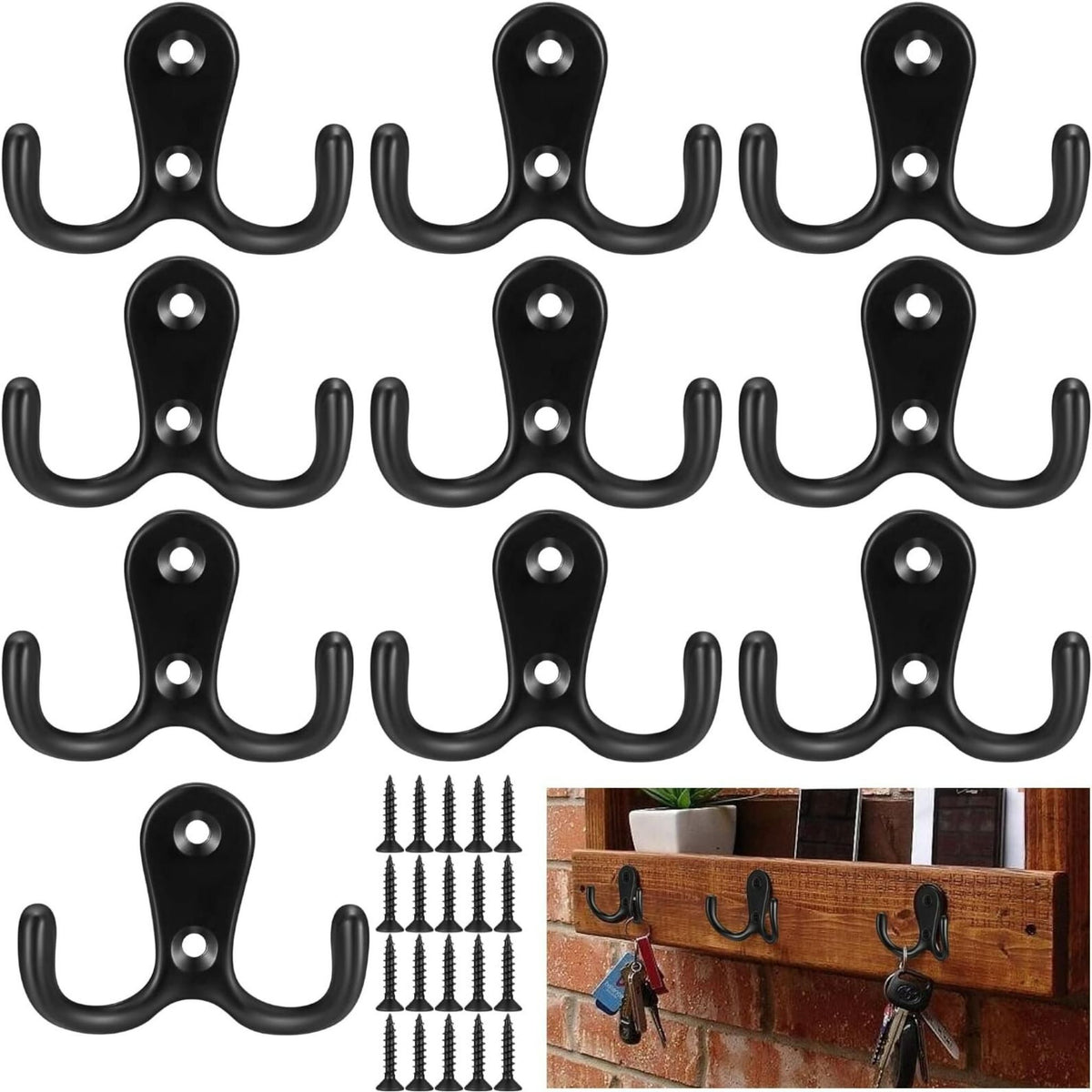 10 Pack Black Matte Double Coat Hooks Wall Door Zinc Alloy Robe Hanger