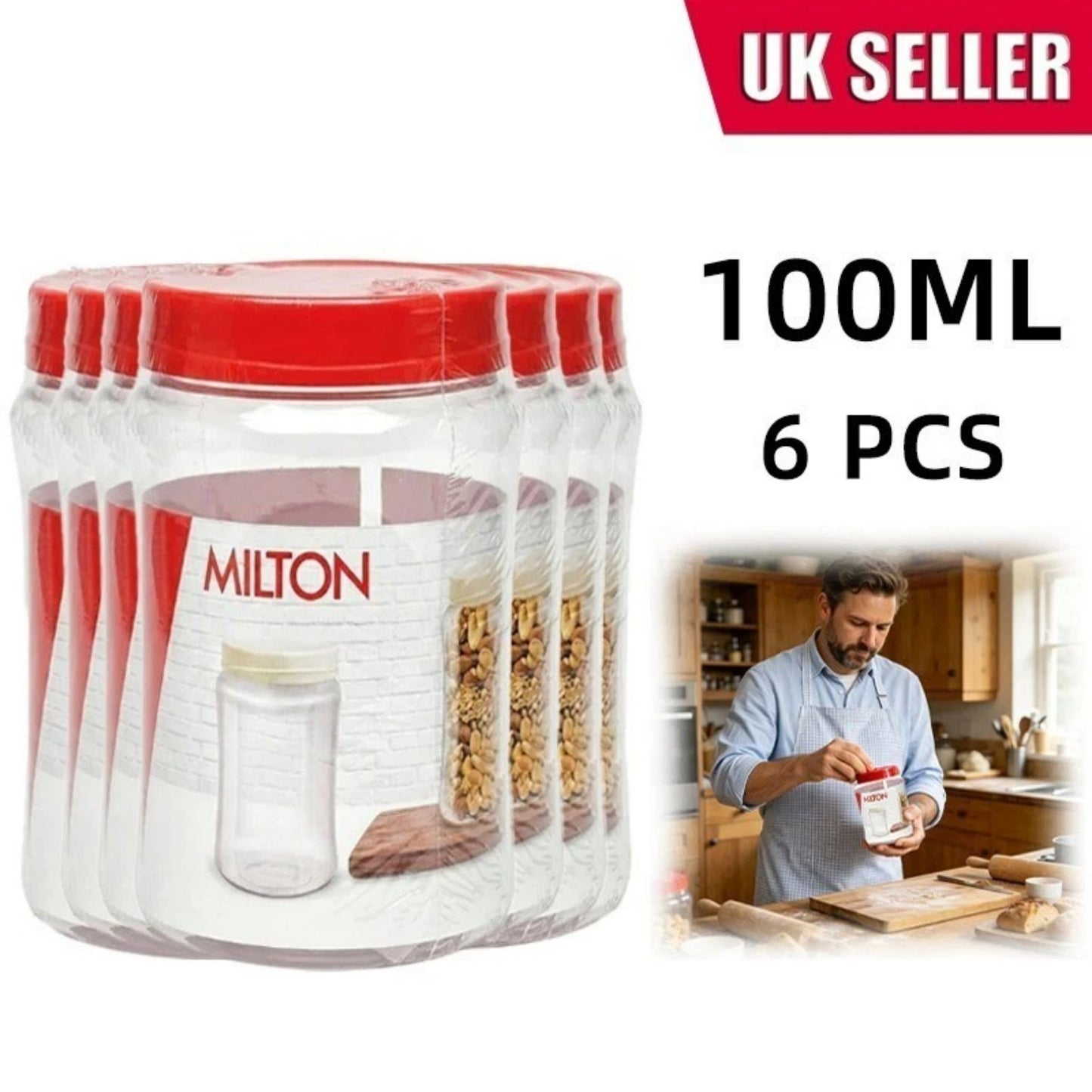 Round Plastic Food Storage Jars Lids Kitchen Airtight Reusable 4 Sizes
