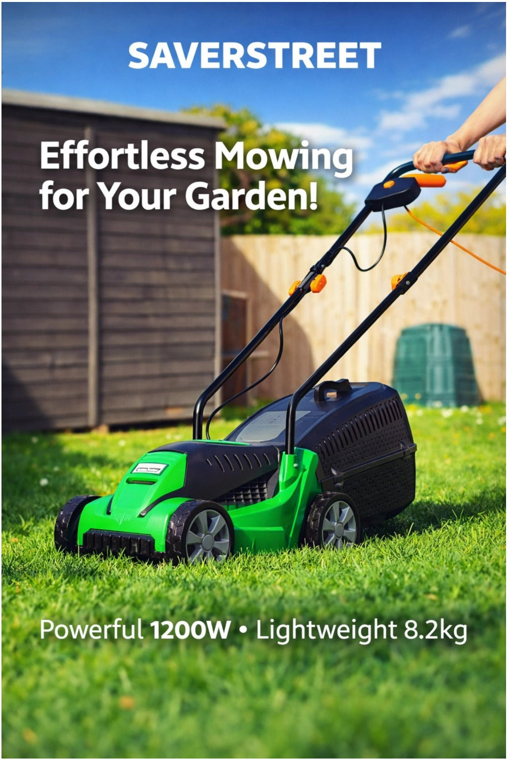 Electric Lawnmower 1200W 32cm Cutting Width 30L Grass Box 3 Height Settings