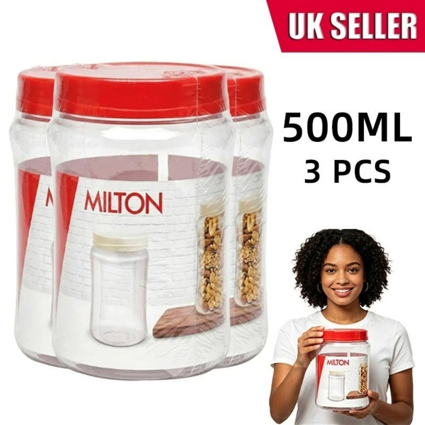 Round Plastic Food Storage Jars Lids Kitchen Airtight Reusable 4 Sizes