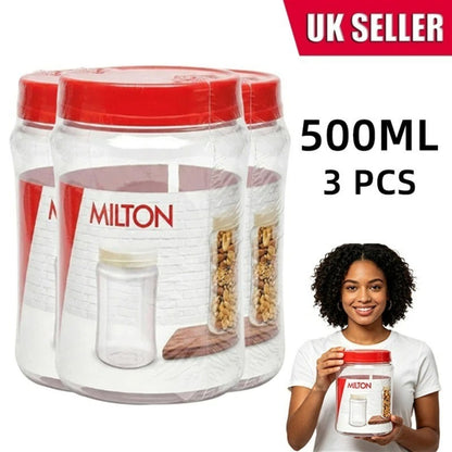 Round Plastic Food Storage Jars Lids Kitchen Airtight Reusable 4 Sizes