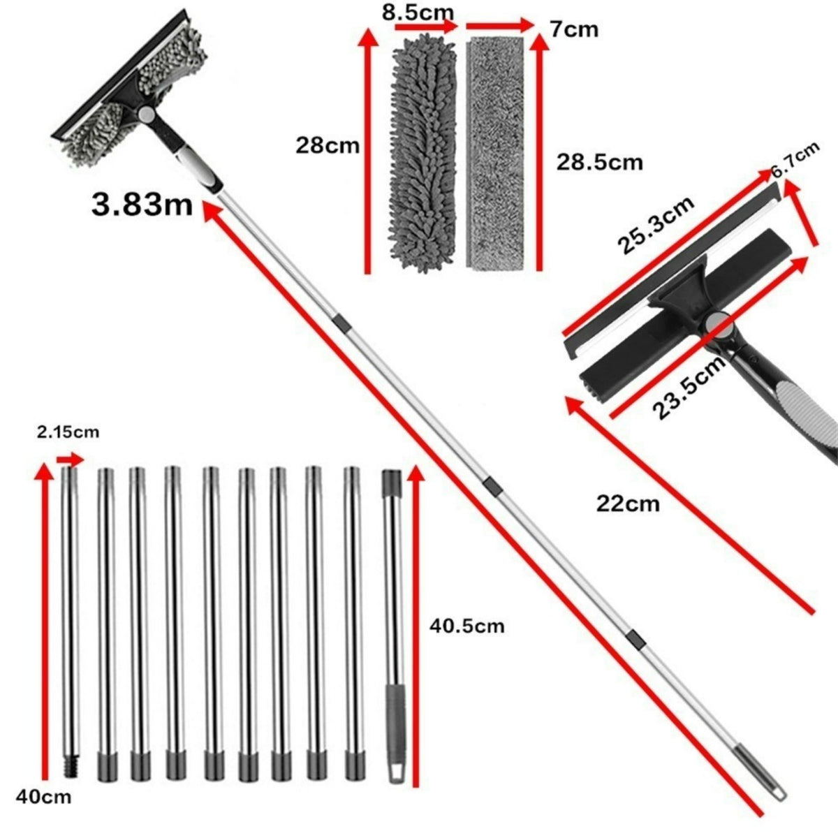 Telescopic Window Cleaning Kit 4.5m Pole Squeegee Microfibre No Ladder 20ft