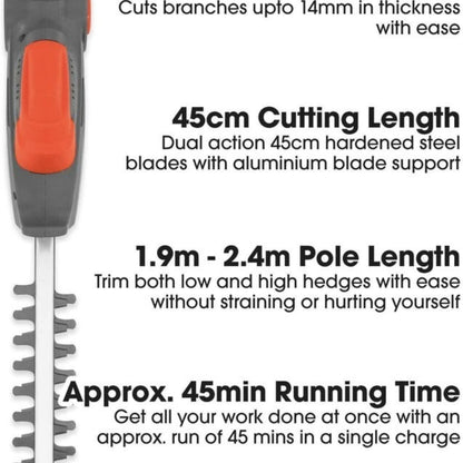 20V Cordless Pole Hedge Trimmer – 2.4M Long Reach, 45cm Blade, 2 Batteries