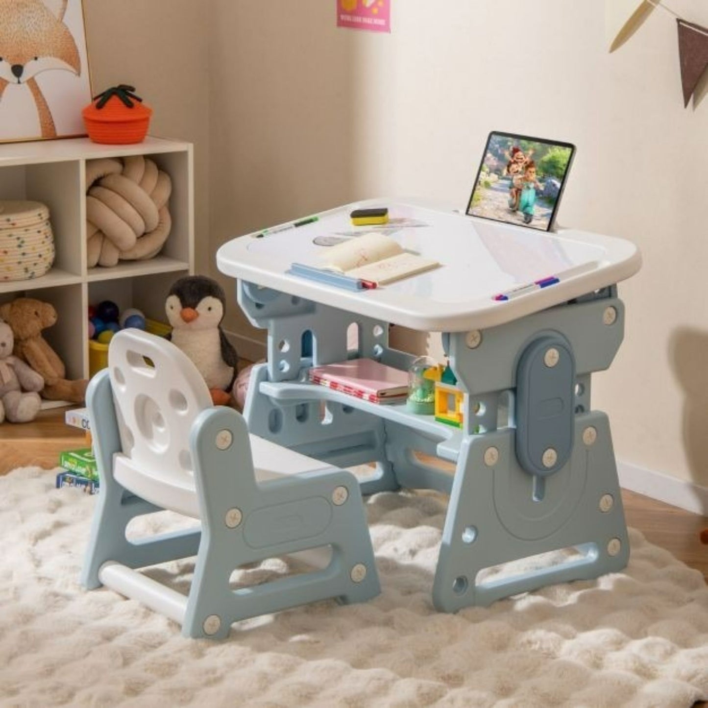 Children Study Desk Chair Set Tiltable Whiteboard Book Stand Kids Learning Table