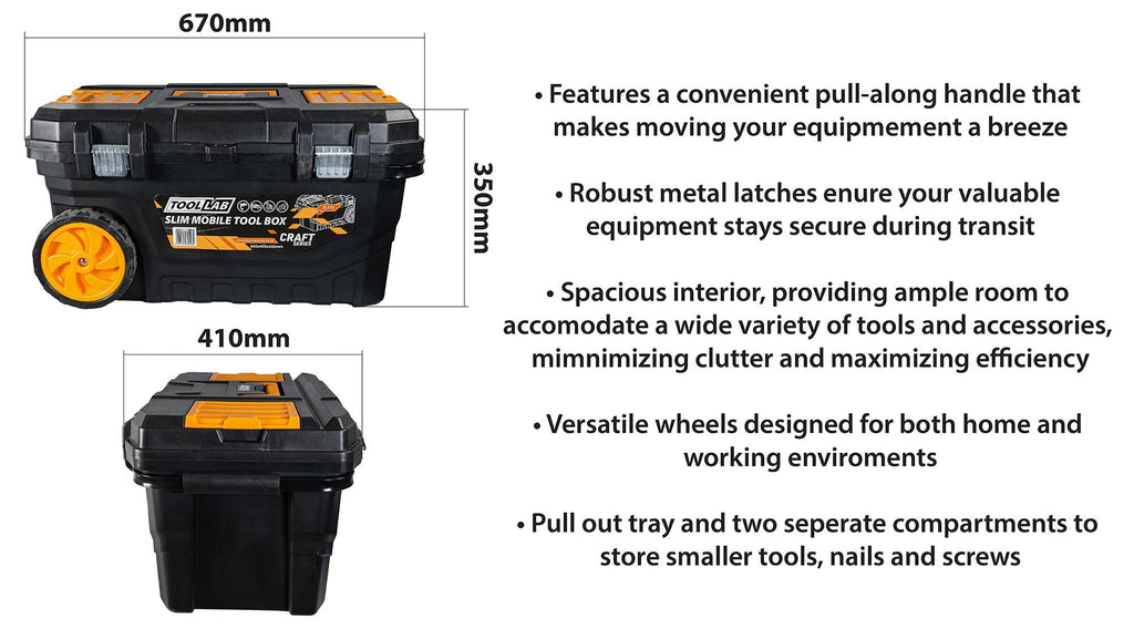 Tool Lab Slimline Rolling Tool Box – Wheeled Storage, Pull Out Tray
