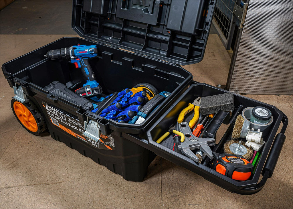 Tool Lab Slimline Rolling Tool Box – Wheeled Storage, Pull Out Tray