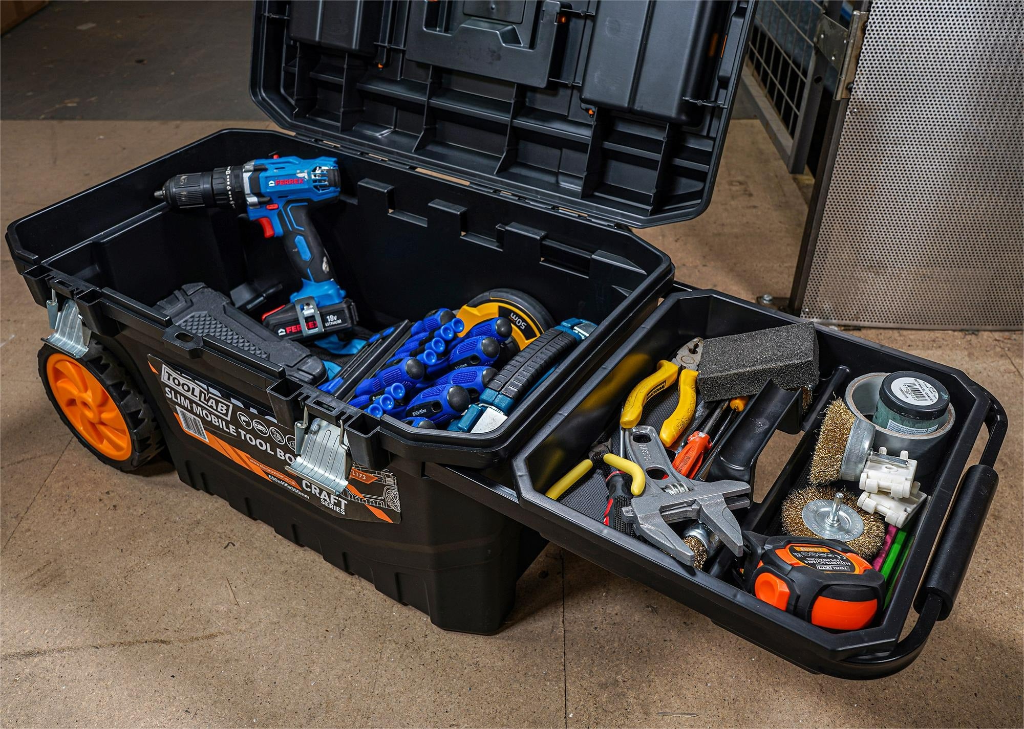 Tool Lab Slimline Rolling Tool Box – Wheeled Storage, Pull Out Tray
