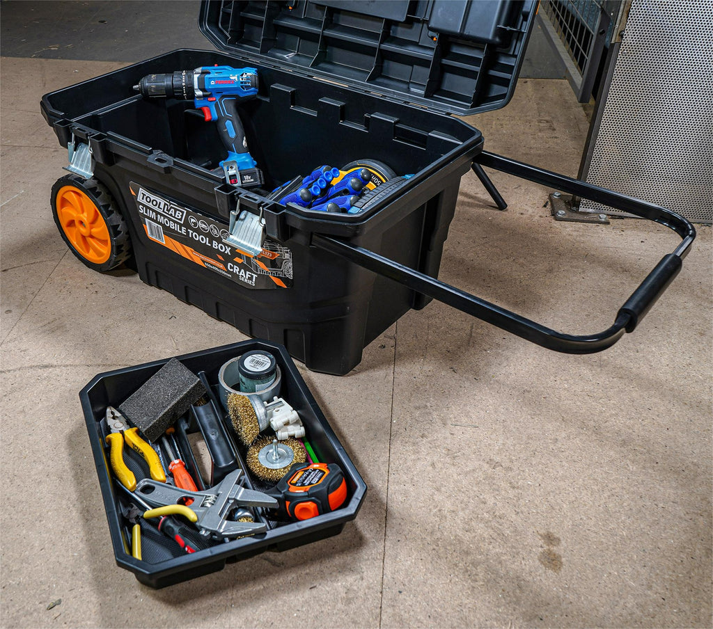 Tool Lab Slimline Rolling Tool Box – Wheeled Storage, Pull Out Tray