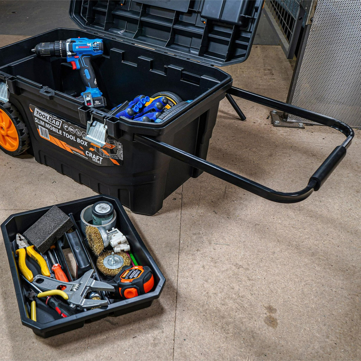 Slimline Rolling Tool Box – Wheeled Storage, Pull Out Tray Lightweight