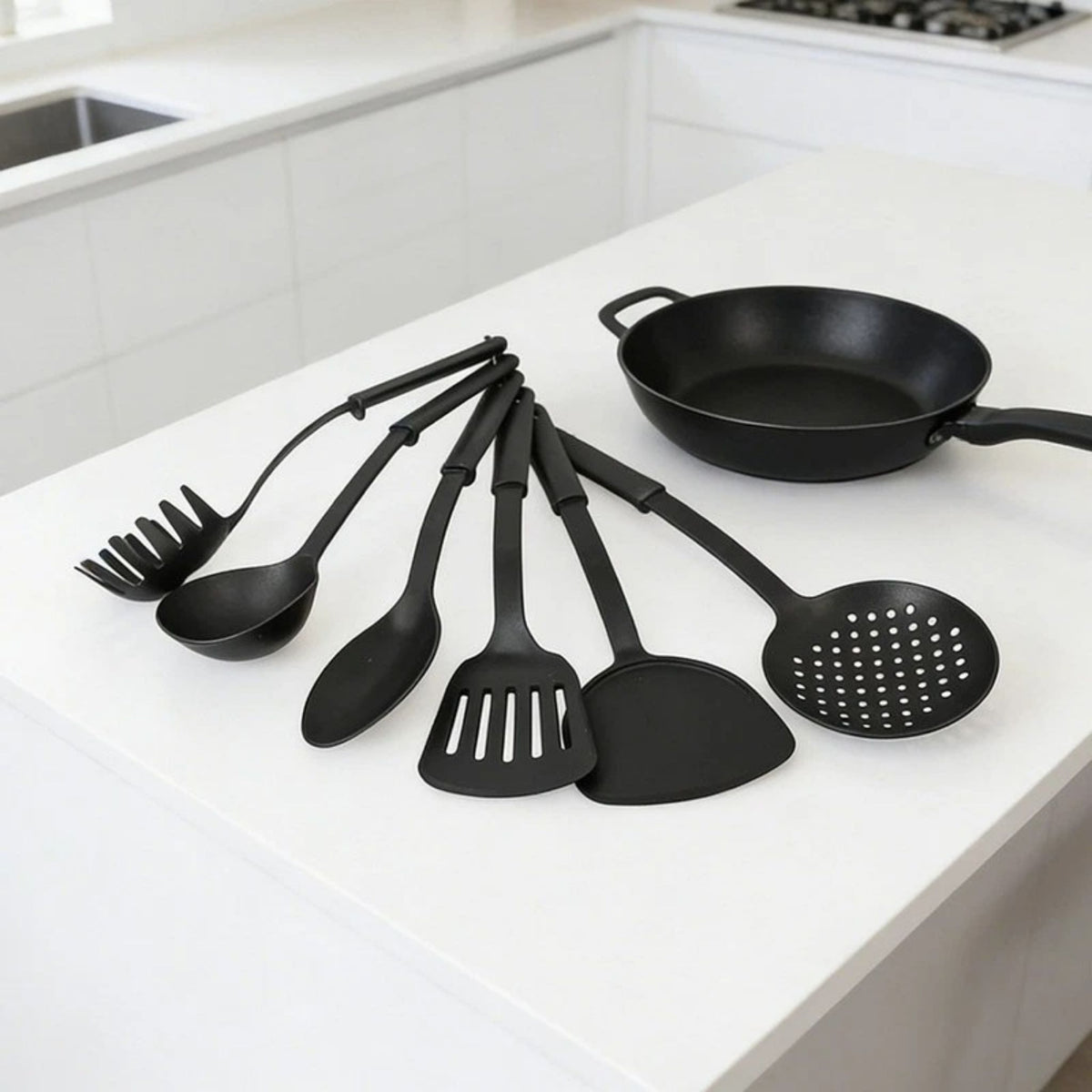 Kitchen Utensil Set 6pc Black Plastic 30cm Cooking Tools for Non-Stick Pans