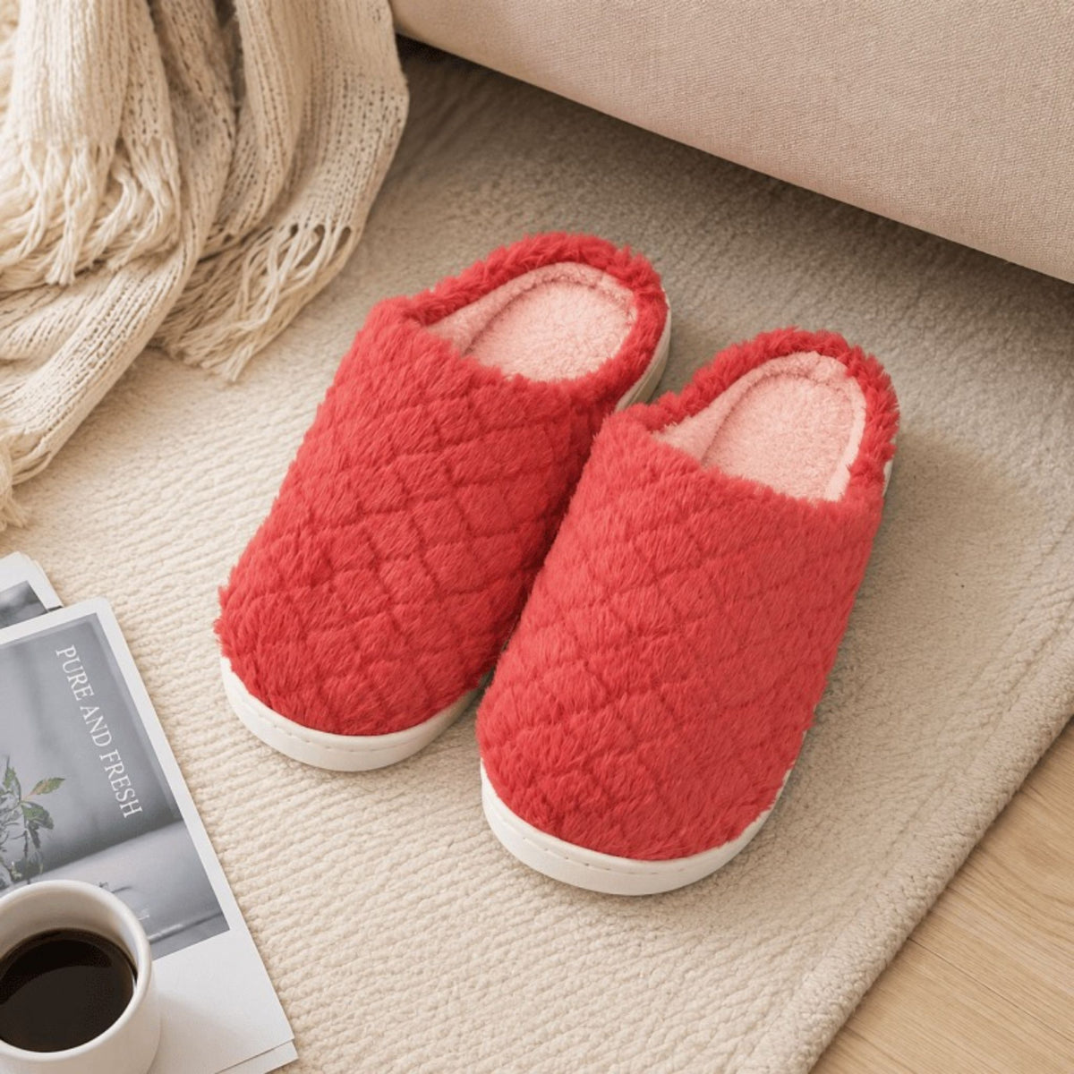 Women's Fluffy Slippers Warm Cosy Soft Indoor Slip-On House Shoes UK 3–7