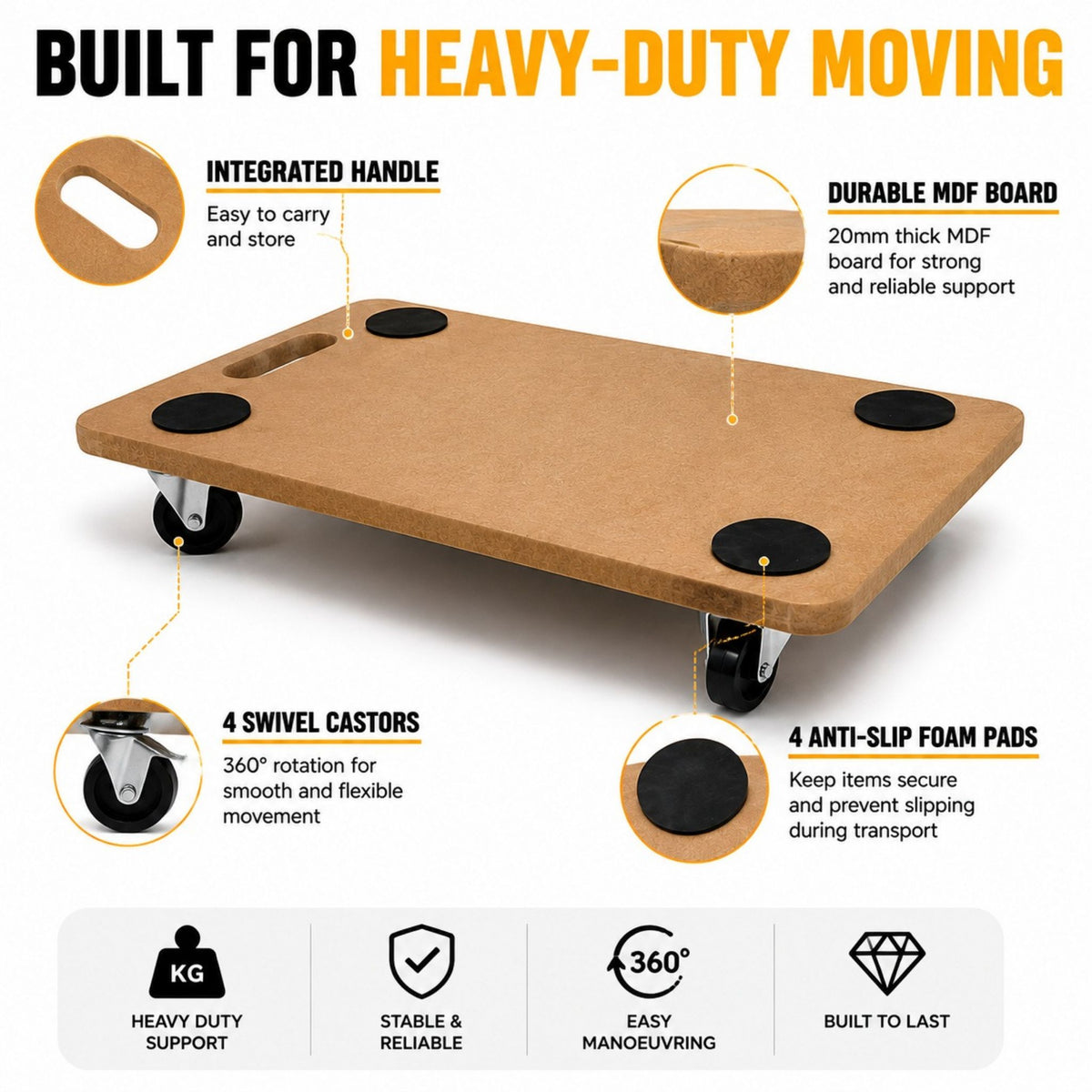 Heavy Duty Dolly Trolley Platform 200KG Wheeled Wooden Board Transporter