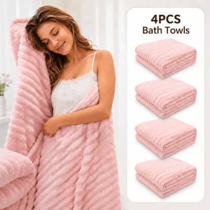 4PCS Fleece Bath Towels 70 x 135cm Soft Absorbent Quick Dry Pink or White