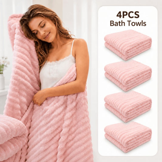 4PCS Fleece Bath Towels 70 x 135cm Soft Absorbent Quick Dry Pink or White