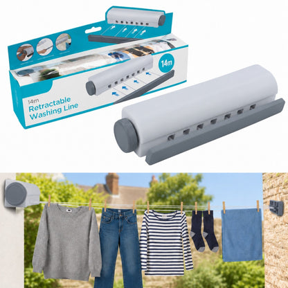 14M Retractable Clothesline Wall Mounted 4-Line Drying Rack Indoor Outdoor
