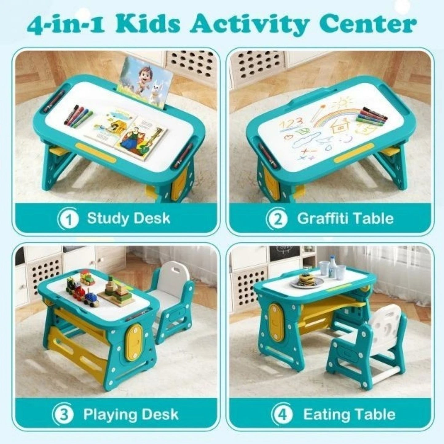Children Study Desk Chair Set Tiltable Whiteboard Book Stand Kids Learning Table