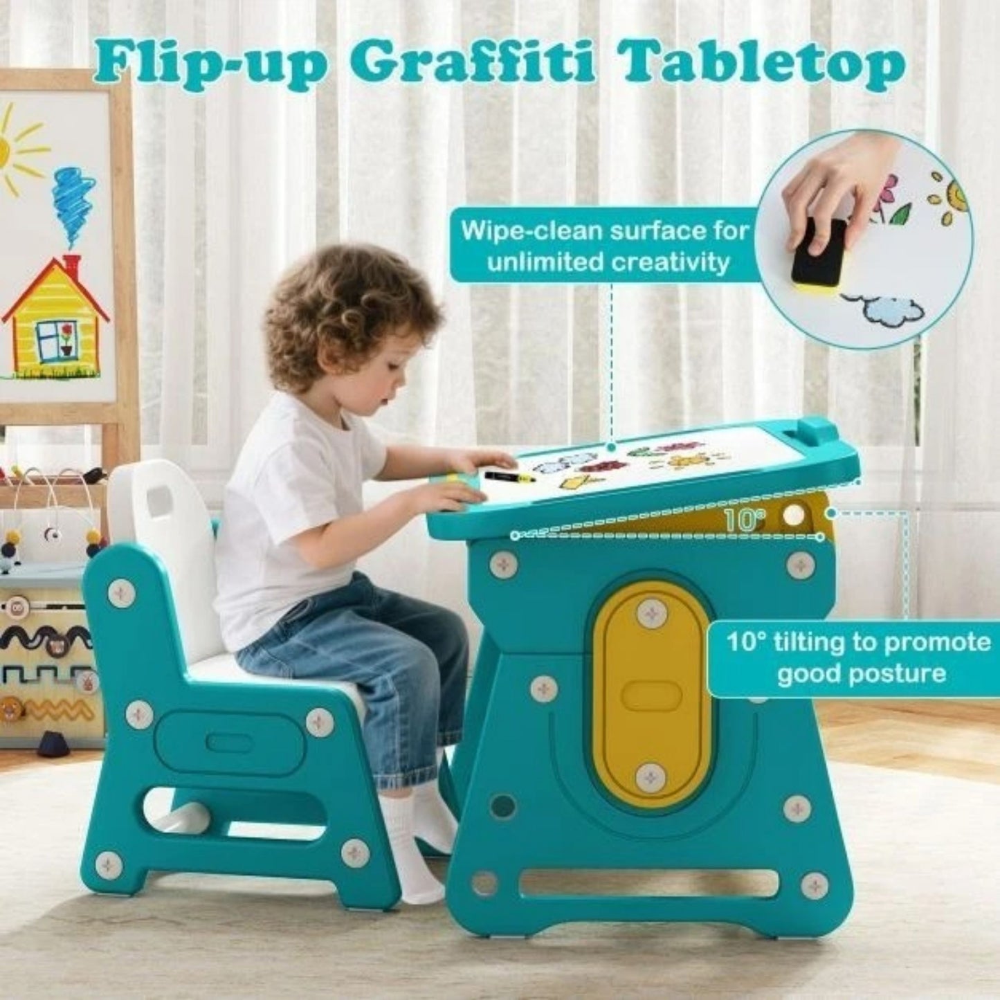 Children Study Desk Chair Set Tiltable Whiteboard Book Stand Kids Learning Table