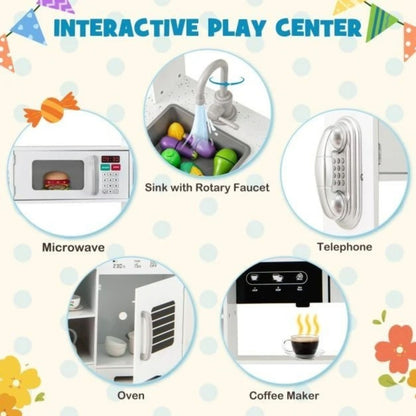 Wooden Play Kitchen for Kids Realistic Sounds Lights Utensils Included