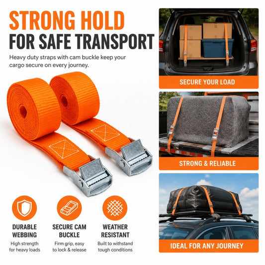 Cam Buckle Tie Down Straps (Pair) – 2M x 25mm Cargo Lashing