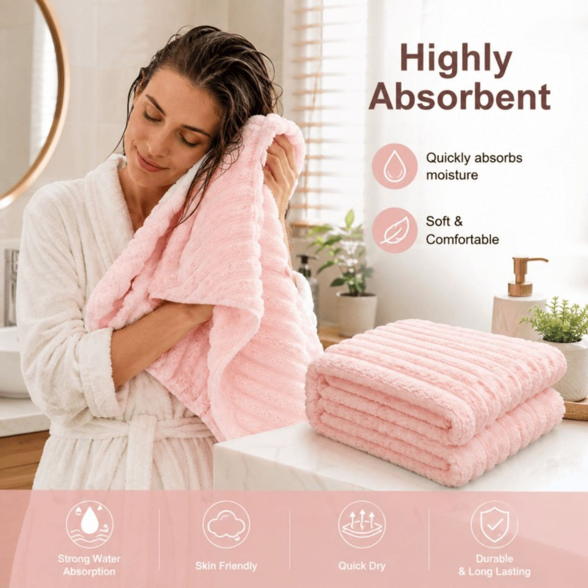 4PCS Fleece Bath Towels 70 x 135cm Soft Absorbent Quick Dry Pink or White