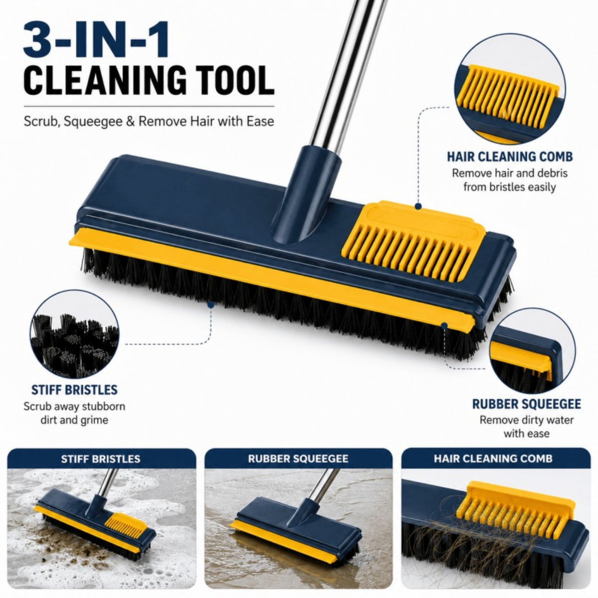 Long Handle Floor Scrub Brush Squeegee & Hair Cleaning Comb Stiff Bristle